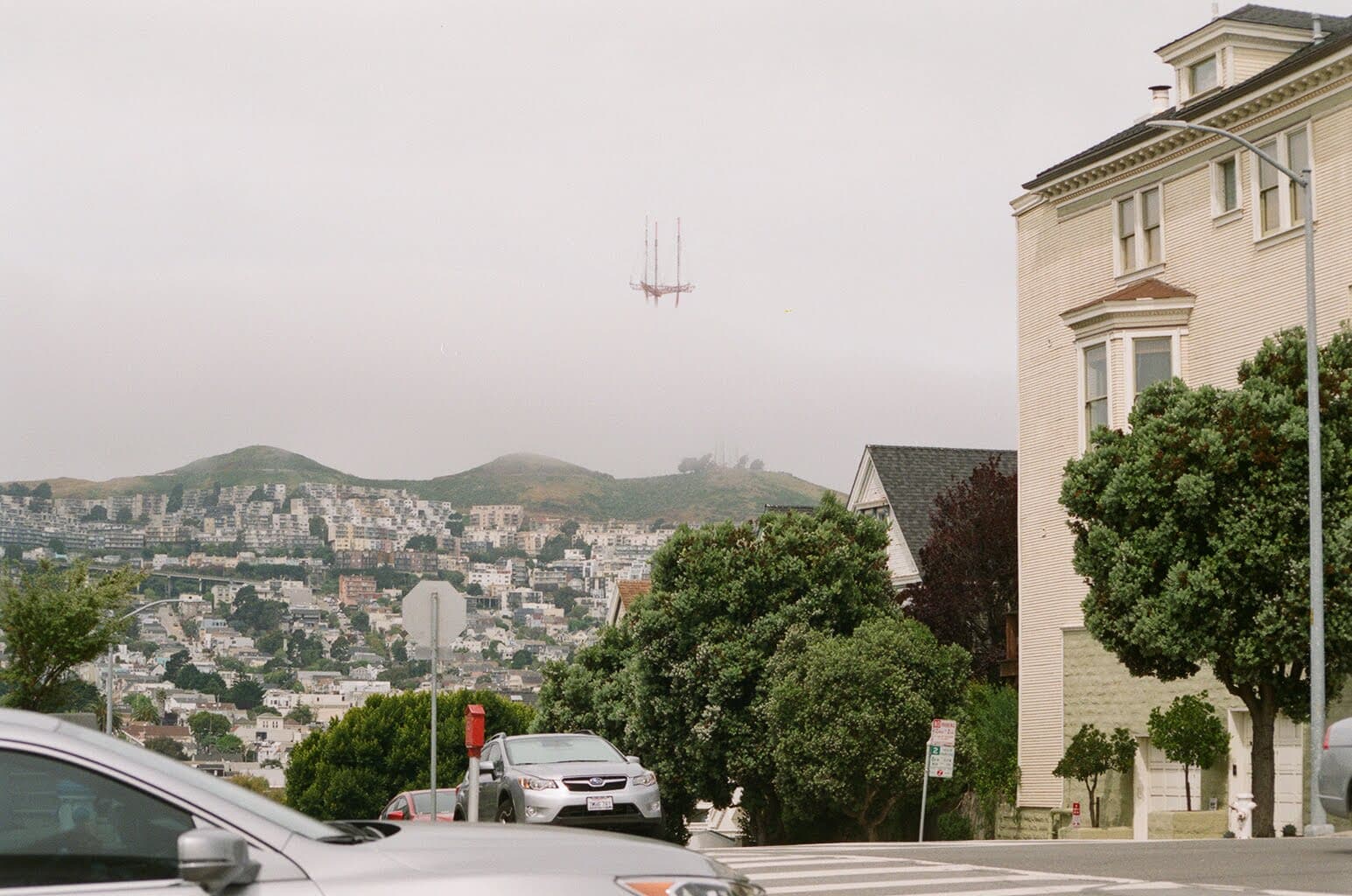 View of San Francisco with Sutro Tower half-shrouded in fog