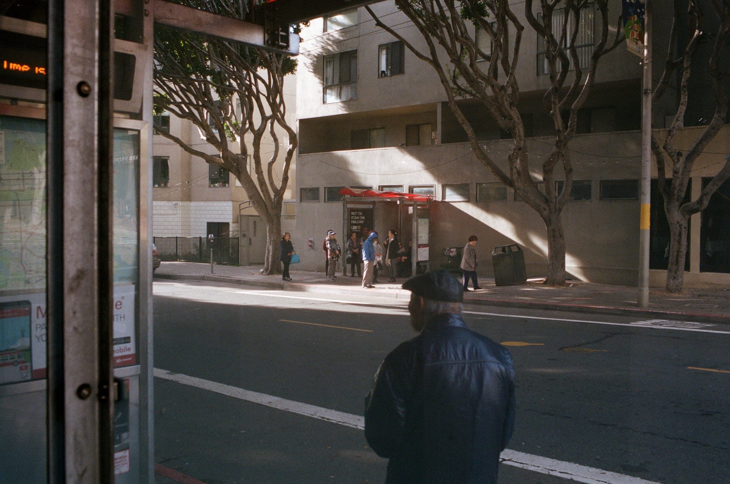 Man in black leather jacket at a bus stop with another stop and trees across the street
